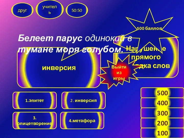 друг учитель 50:50 1.эпитет 2. инверсия 3.олицетворение 4.метафора инверсия Нарушение прямого