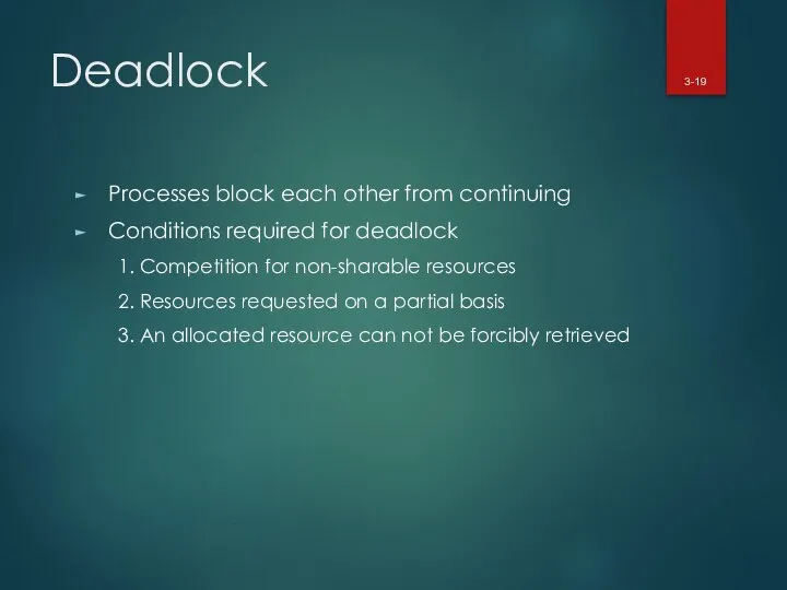 Deadlock Processes block each other from continuing Conditions required for deadlock