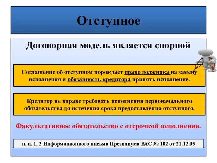 Отступное Договорная модель является спорной Соглашение об отступном порождает право должника