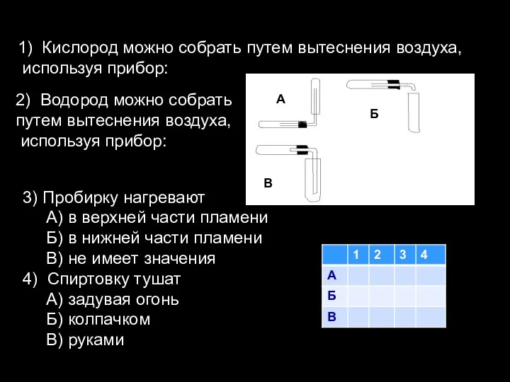 1) Кислород можно собрать путем вытеснения воздуха, используя прибор: 3) Пробирку