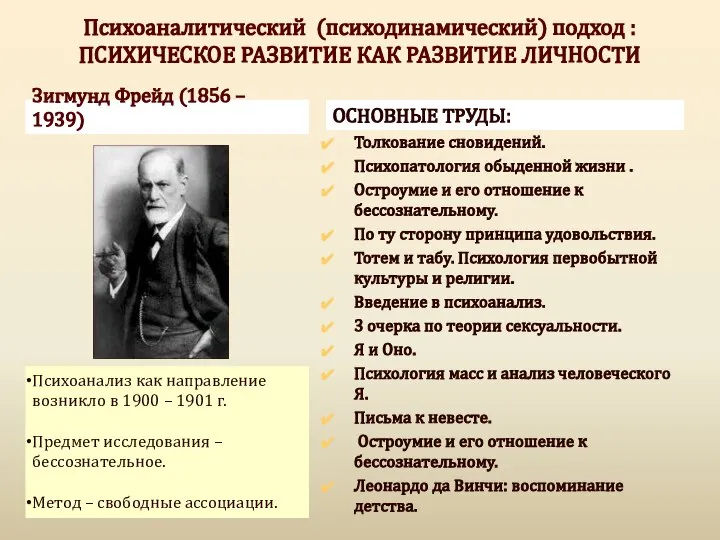 Психоаналитический (психодинамический) подход : ПСИХИЧЕСКОЕ РАЗВИТИЕ КАК РАЗВИТИЕ ЛИЧНОСТИ Зигмунд Фрейд