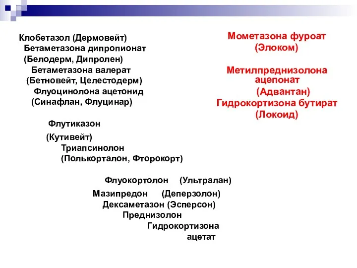 Клобетазол (Дермовейт) Бетаметазона дипропионат (Белодерм, Дипролен) Бетаметазона валерат (Бетновейт, Целестодерм) Флуоцинолона