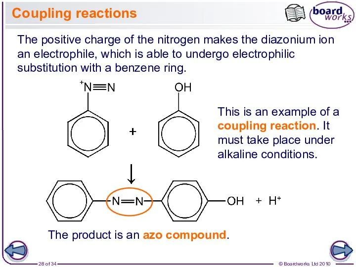 Coupling reactions The positive charge of the nitrogen makes the diazonium