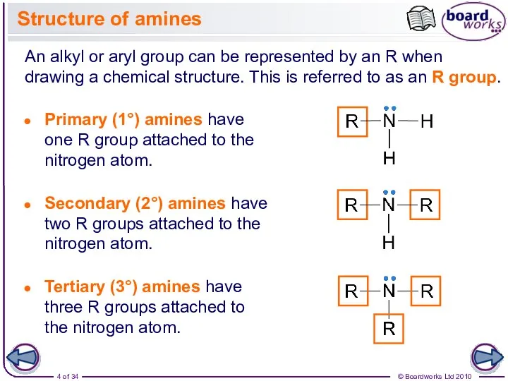 Structure of amines An alkyl or aryl group can be represented