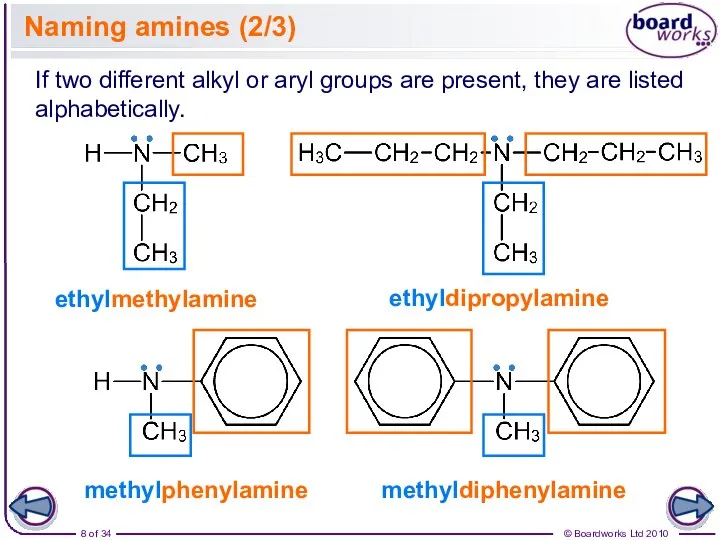 Naming amines (2/3) ethylmethylamine If two different alkyl or aryl groups