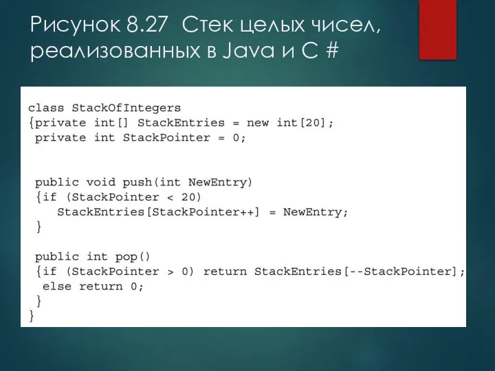 Рисунок 8.27 Стек целых чисел, реализованных в Java и C #