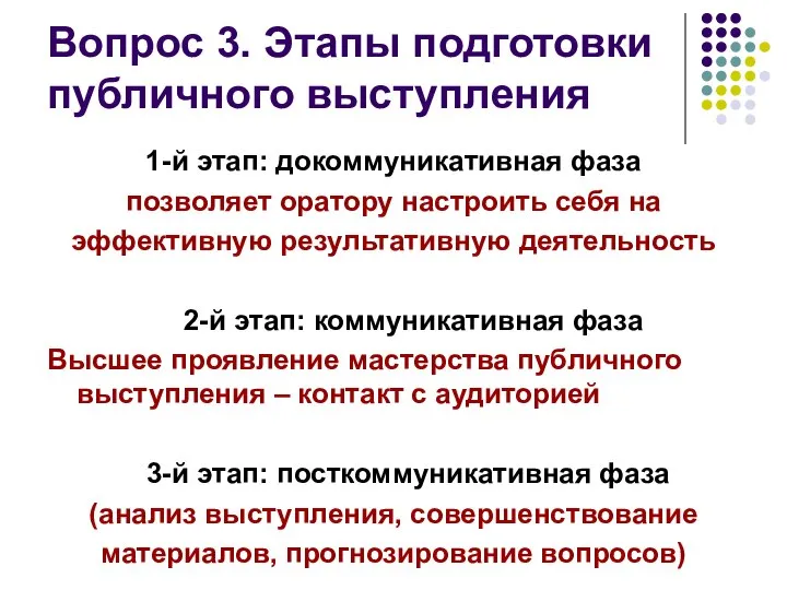 Вопрос 3. Этапы подготовки публичного выступления 1-й этап: докоммуникативная фаза позволяет