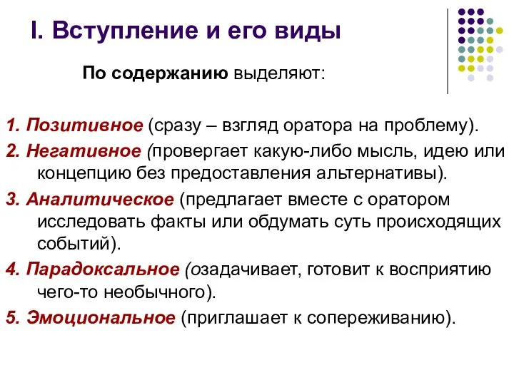 I. Вступление и его виды По содержанию выделяют: 1. Позитивное (сразу