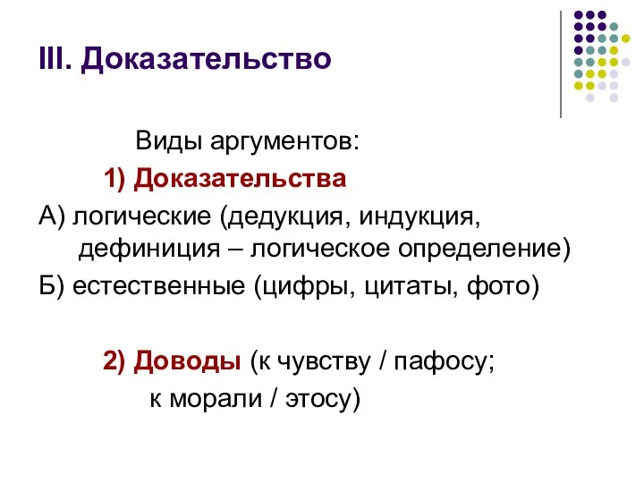 III. Доказательство Виды аргументов: 1) Доказательства А) логические (дедукция, индукция, дефиниция