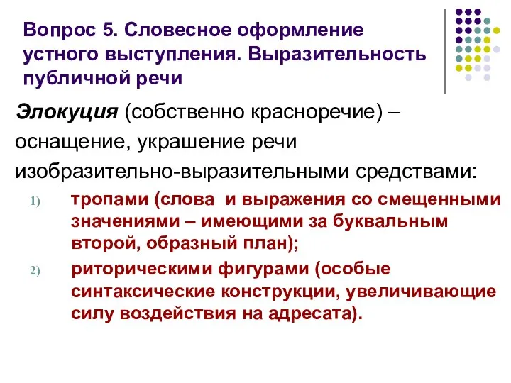 Вопрос 5. Словесное оформление устного выступления. Выразительность публичной речи Элокуция (собственно