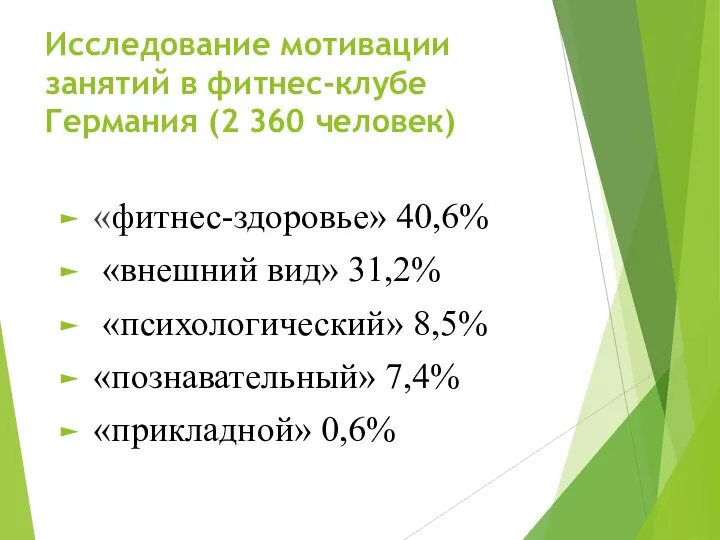 Исследование мотивации занятий в фитнес-клубе Германия (2 360 человек) «фитнес-здоровье» 40,6%