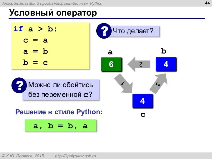 Условный оператор if a > b: с = a a =