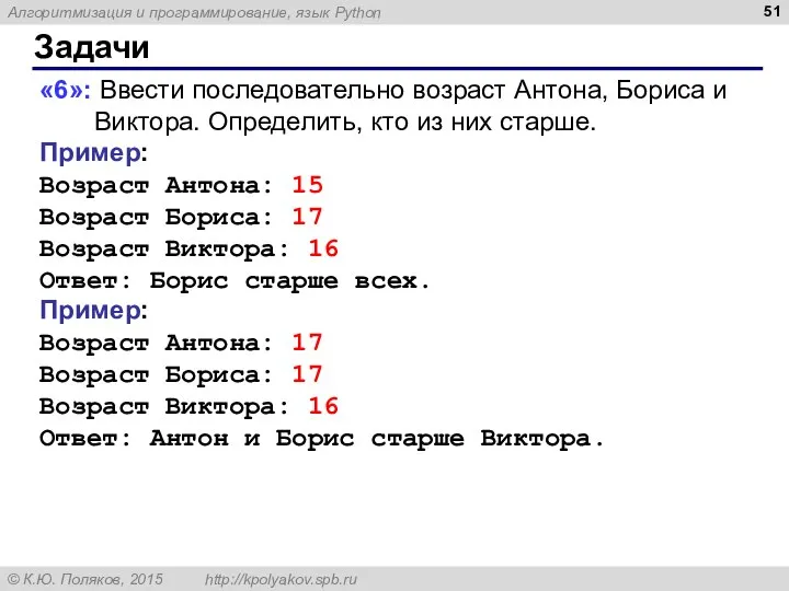 Задачи «6»: Ввести последовательно возраст Антона, Бориса и Виктора. Определить, кто