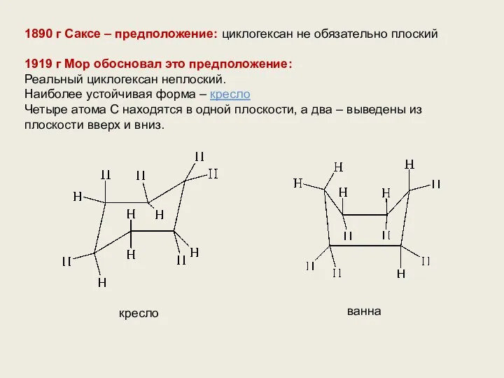 1890 г Саксе – предположение: циклогексан не обязательно плоский 1919 г