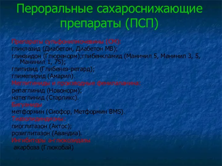 Пероральные сахароснижающие препараты (ПСП) Препараты сульфонилмочевины (СМ): гликлазид (Диабетон, Диабетон MB);