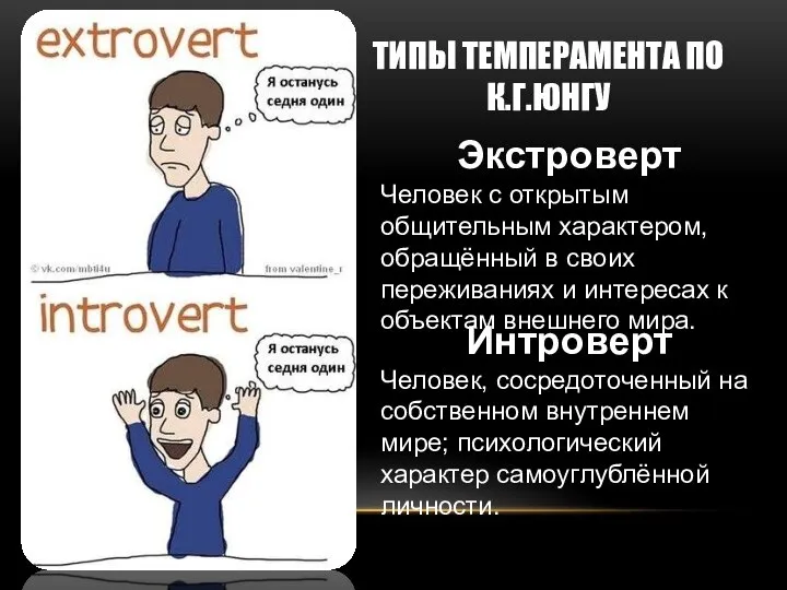 ТИПЫ ТЕМПЕРАМЕНТА ПО К.Г.ЮНГУ Интроверт Человек, сосредоточенный на собственном внутреннем мире;