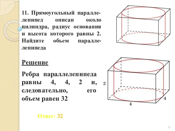 11. Прямоугольный паралле-лепипед описан около цилиндра, радиус основания и высота которого равны 2. Найдите объем паралле-лепипеда