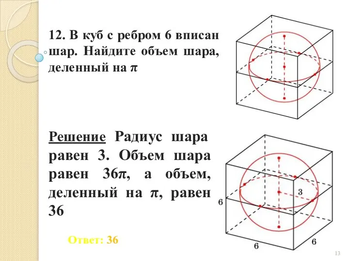 12. В куб с ребром 6 вписан шар. Найдите объем шара, деленный на π