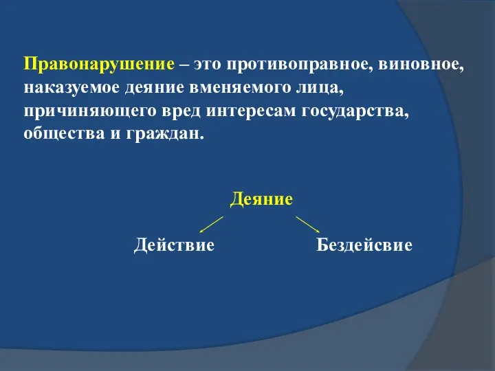 Правонарушение – это противоправное, виновное, наказуемое деяние вменяемого лица, причиняющего вред