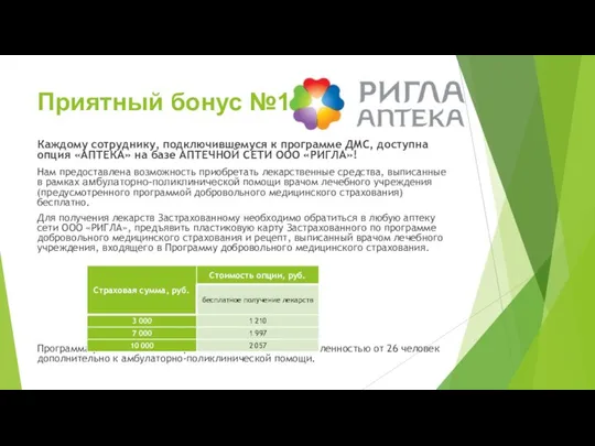 Приятный бонус №1 Каждому сотруднику, подключившемуся к программе ДМС, доступна опция