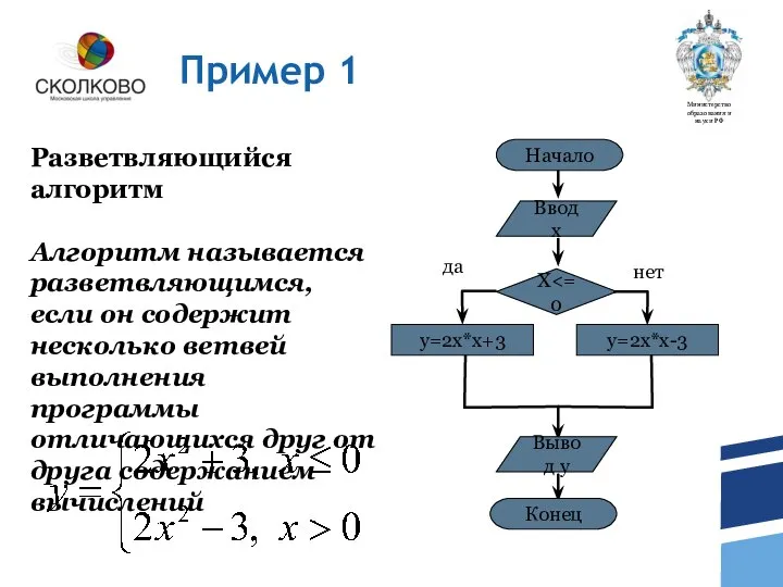 Пример 1 X нет да Ввод x Начало y=2x*x+3 y=2x*x-3 Вывод