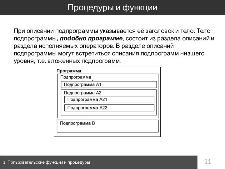 Процедуры и функции 3. Пользовательские функции и процедуры При описании подпрограммы