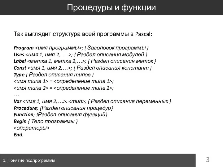 Процедуры и функции 1. Понятие подпрограммы Так выглядит структура всей программы