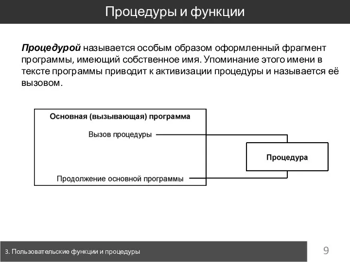 Процедуры и функции 3. Пользовательские функции и процедуры Процедурой называется особым