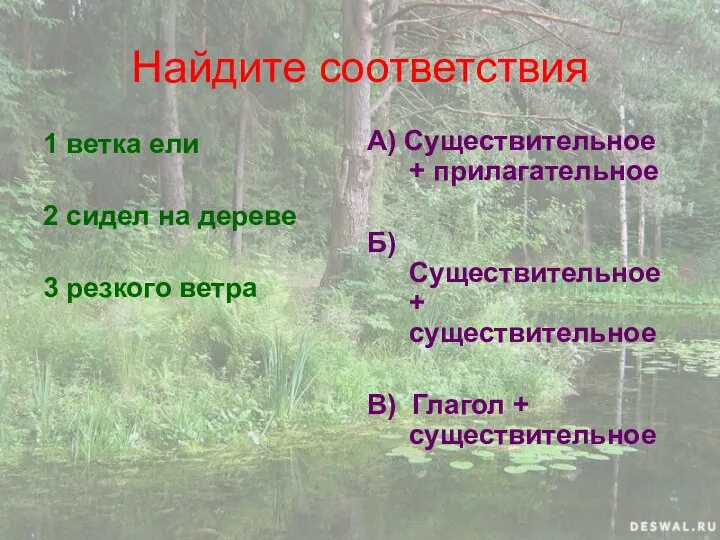 Найдите соответствия 1 ветка ели 2 сидел на дереве 3 резкого