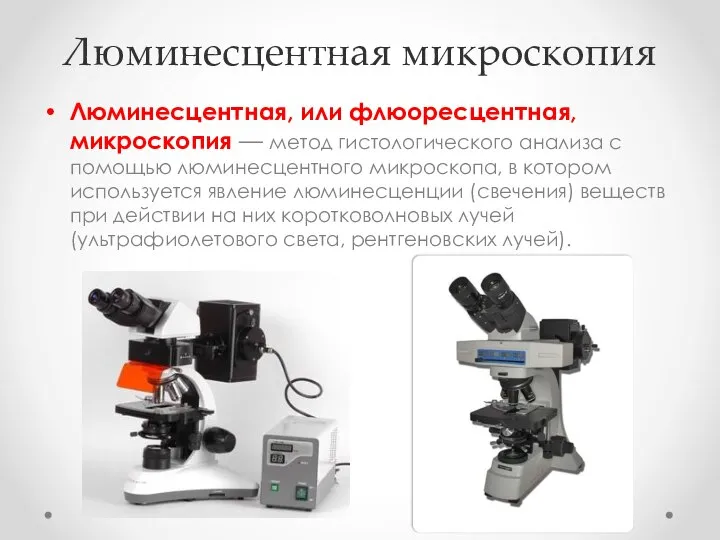 Люминесцентная микроскопия Люминесцентная, или флюоресцентная, микроскопия — метод гистологического анализа с