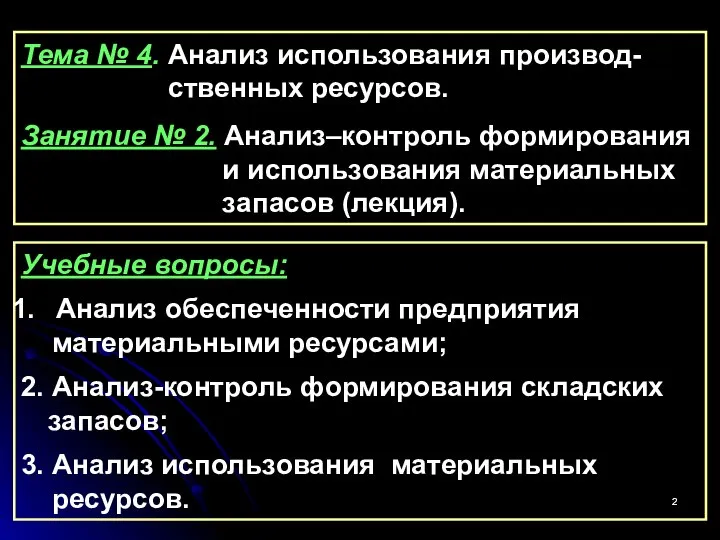 Тема № 4. Анализ использования производ- ственных ресурсов. Занятие № 2.