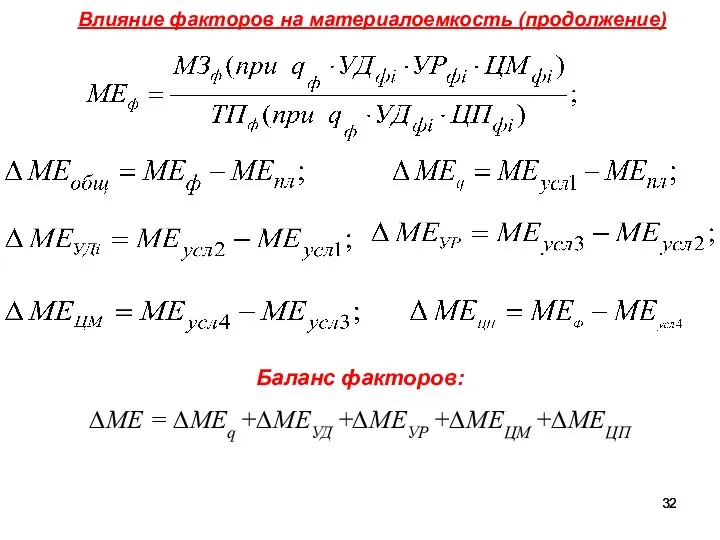 Влияние факторов на материалоемкость (продолжение) Баланс факторов: ∆МЕ = ∆МЕq +∆МЕУД +∆МЕУР +∆МЕЦМ +∆МЕЦП