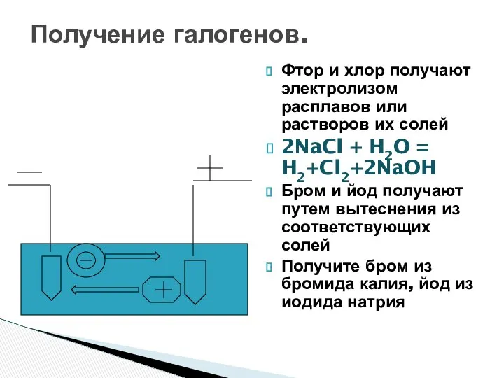 Получение галогенов. Фтор и хлор получают электролизом расплавов или растворов их