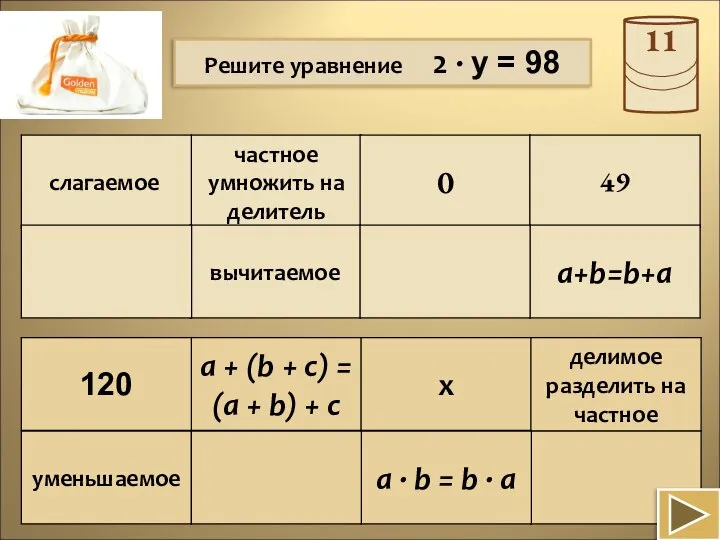 Решите уравнение 2 · y = 98