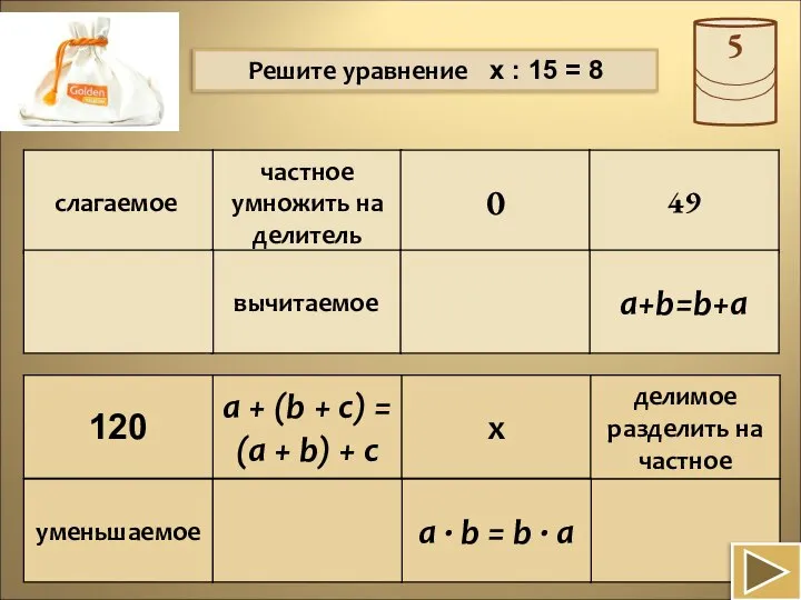 Решите уравнение х : 15 = 8