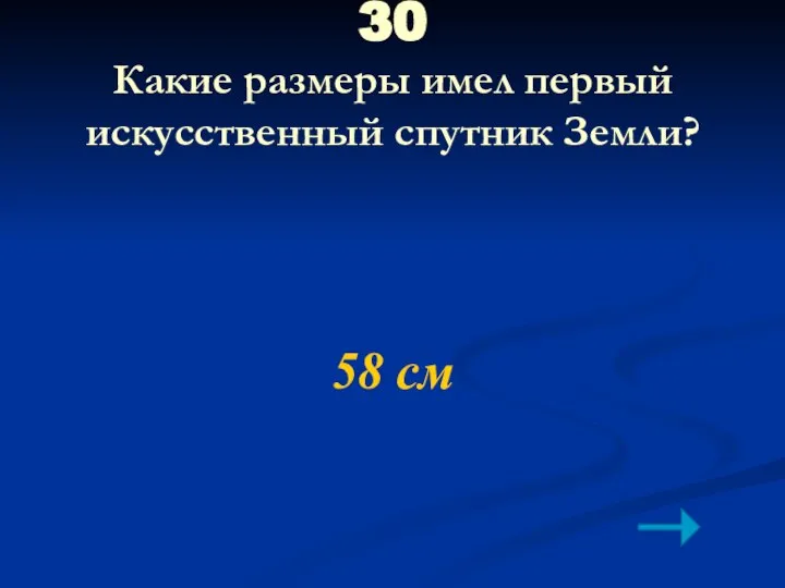 30 Какие размеры имел первый искусственный спутник Земли? 58 см