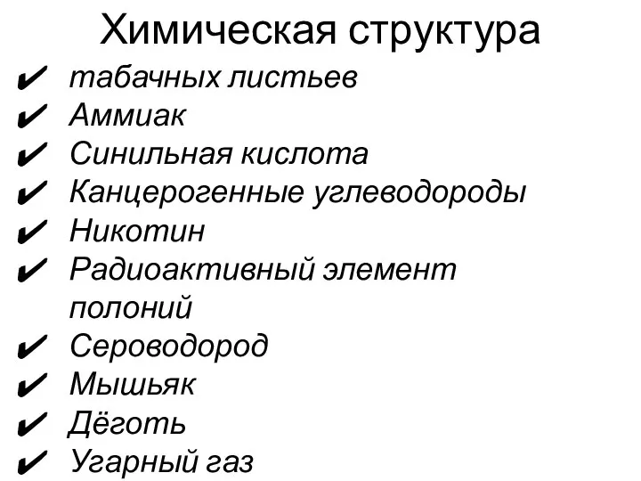 табачных листьев Аммиак Синильная кислота Канцерогенные углеводороды Никотин Радиоактивный элемент полоний