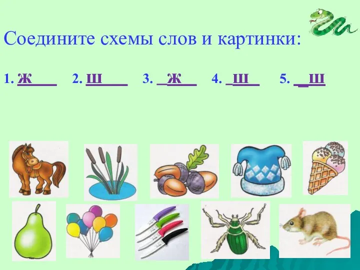 Соедините схемы слов и картинки: 1. ж 2. ш 3. ж 4. ш 5. _ш