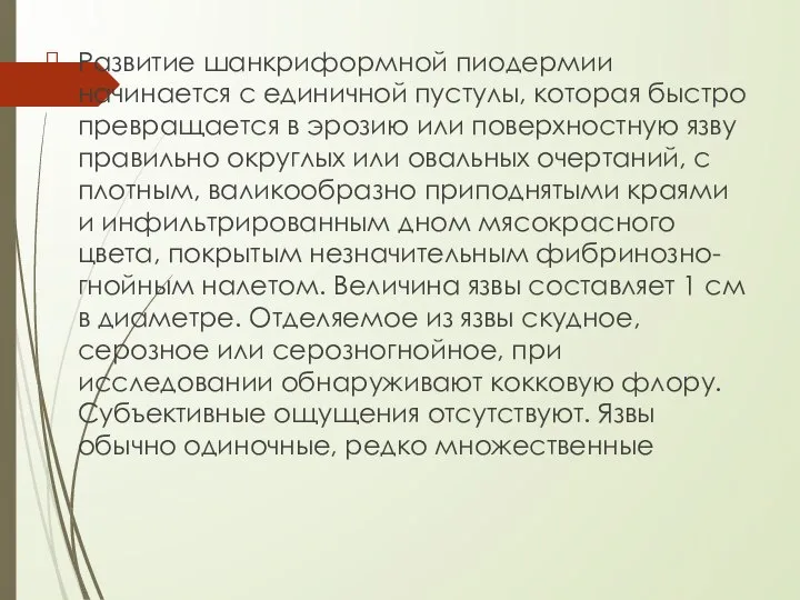 Развитие шанкриформной пиодермии начинается с единичной пустулы, которая быстро превращается в