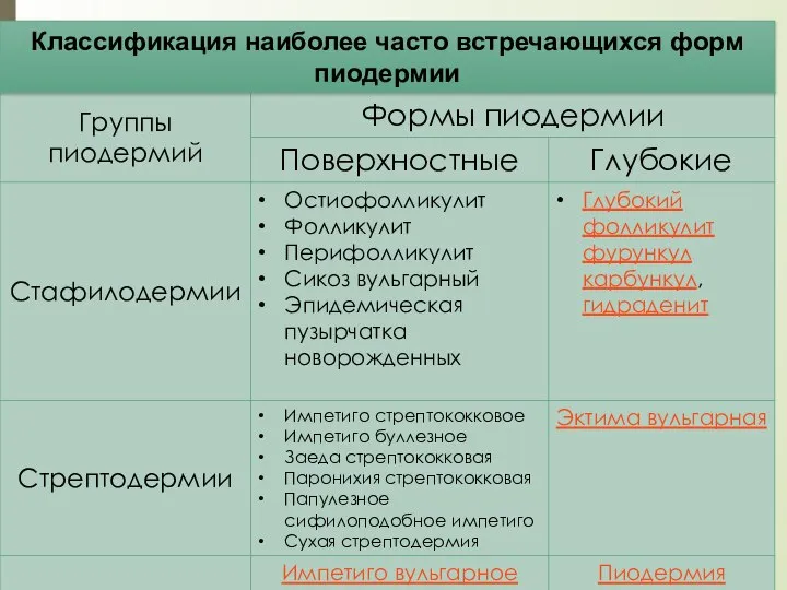 Классификация наиболее часто встречающихся форм пиодермии