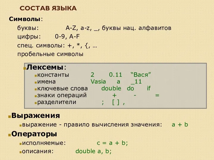 СОСТАВ ЯЗЫКА Символы: буквы: A-Z, a-z, _, буквы нац. алфавитов цифры: