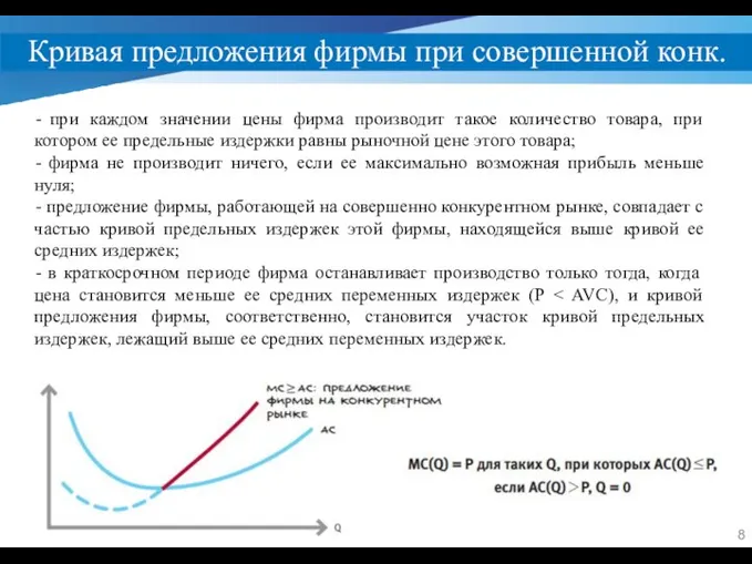 Кривая предложения фирмы при совершенной конк. при каждом значении цены фирма