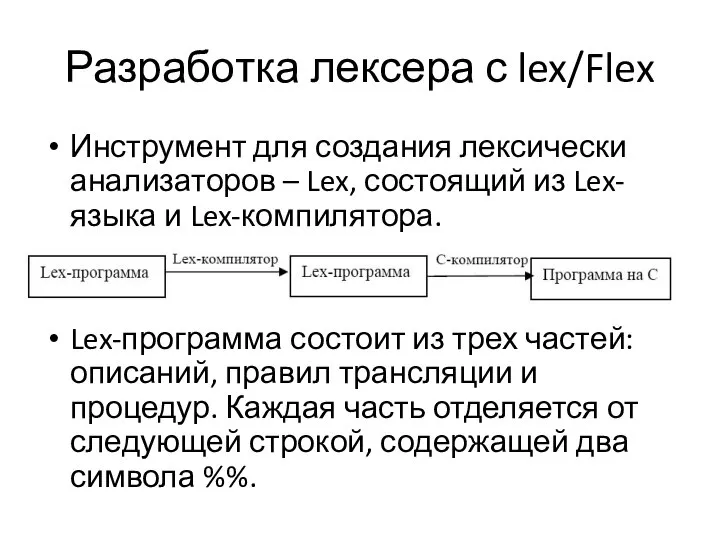 Разработка лексера с lex/Flex Инструмент для создания лексически анализаторов – Lex,