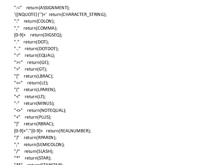 ":=" return(ASSIGNMENT); '({NQUOTE}|'')+' return(CHARACTER_STRING); ":" return(COLON); "," return(COMMA); [0-9]+ return(DIGSEQ); "."