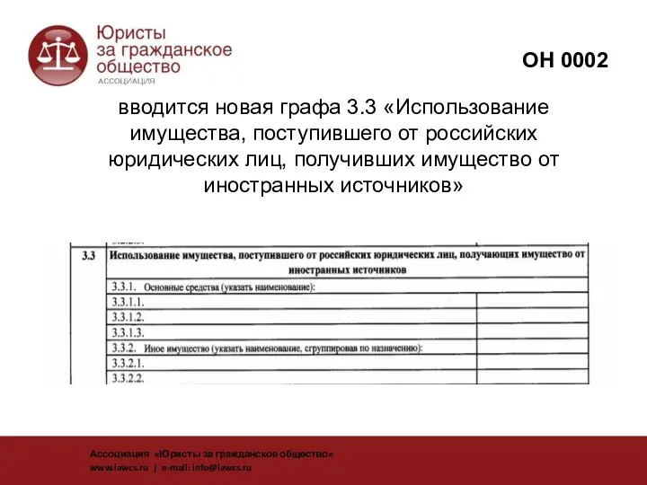 вводится новая графа 3.3 «Использование имущества, поступившего от российских юридических лиц,