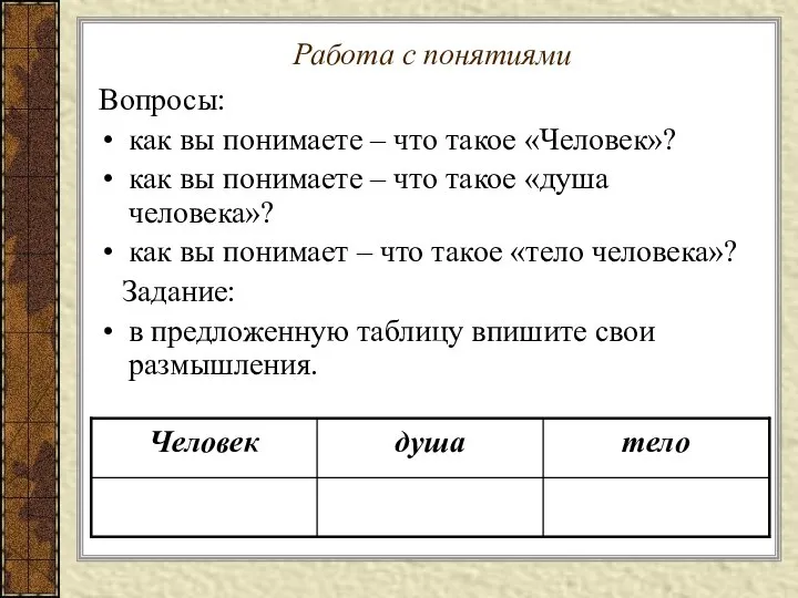 Работа с понятиями Вопросы: как вы понимаете – что такое «Человек»?