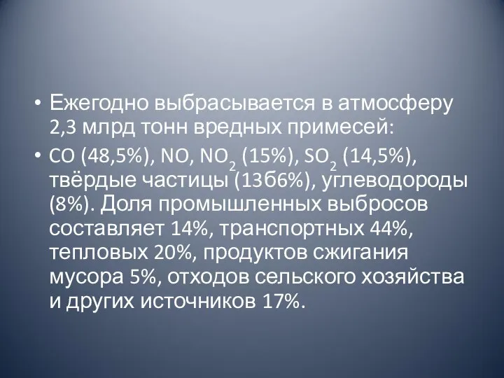 Ежегодно выбрасывается в атмосферу 2,3 млрд тонн вредных примесей: CO (48,5%),