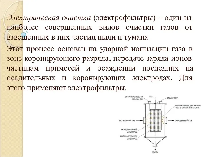 Электрическая очистка (электрофильтры) – один из наиболее совершенных видов очистки газов