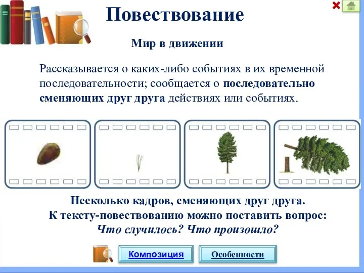 Повествование Рассказывается о каких-либо событиях в их временной последовательности; сообщается о