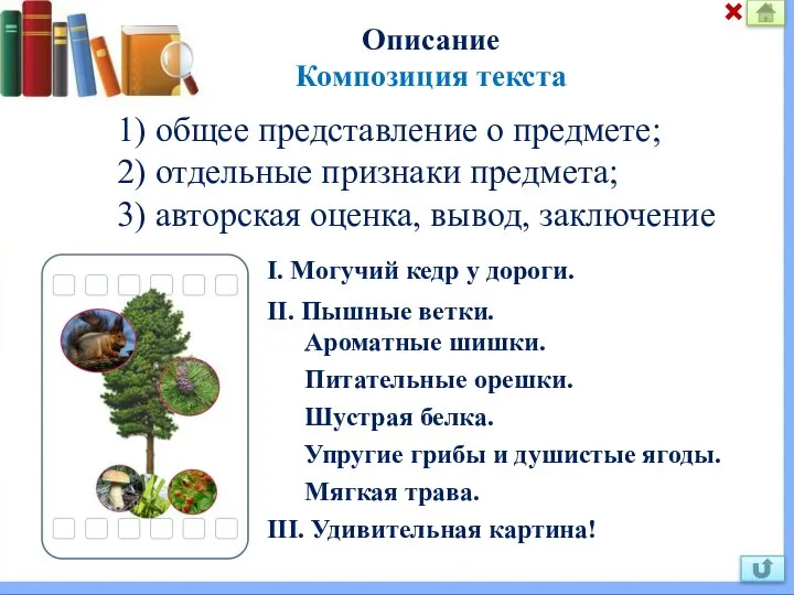 Описание Композиция текста 1) общее представление о предмете; 2) отдельные признаки